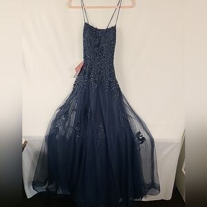 JJ's House A-line Square Floor Length Tulle Navy Prom Dress Sz 0 #287134 $164